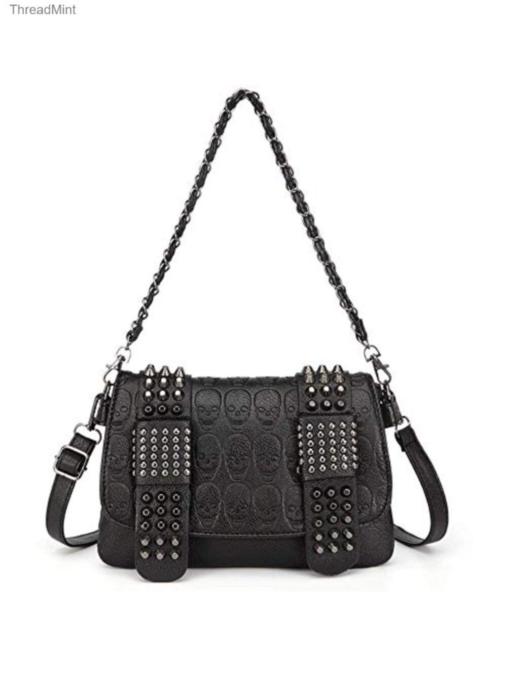 Punk Skull Flap Shoulder Bag PU Leather Goth Chain Satchel - Picture 1 of 5